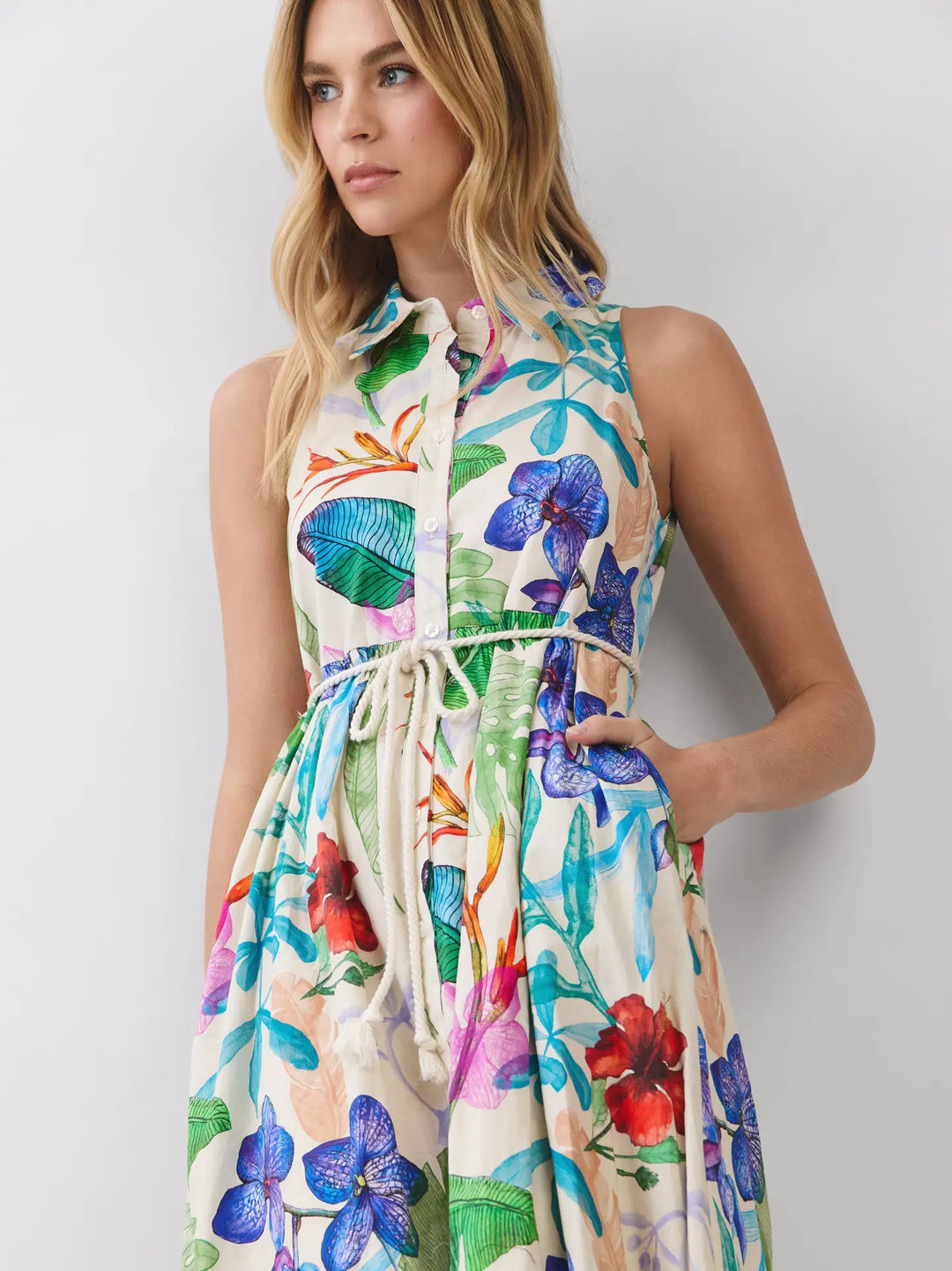 TROPICAL FLORAL SLEEVELESS BUTTON DOWN MIDI DRESS