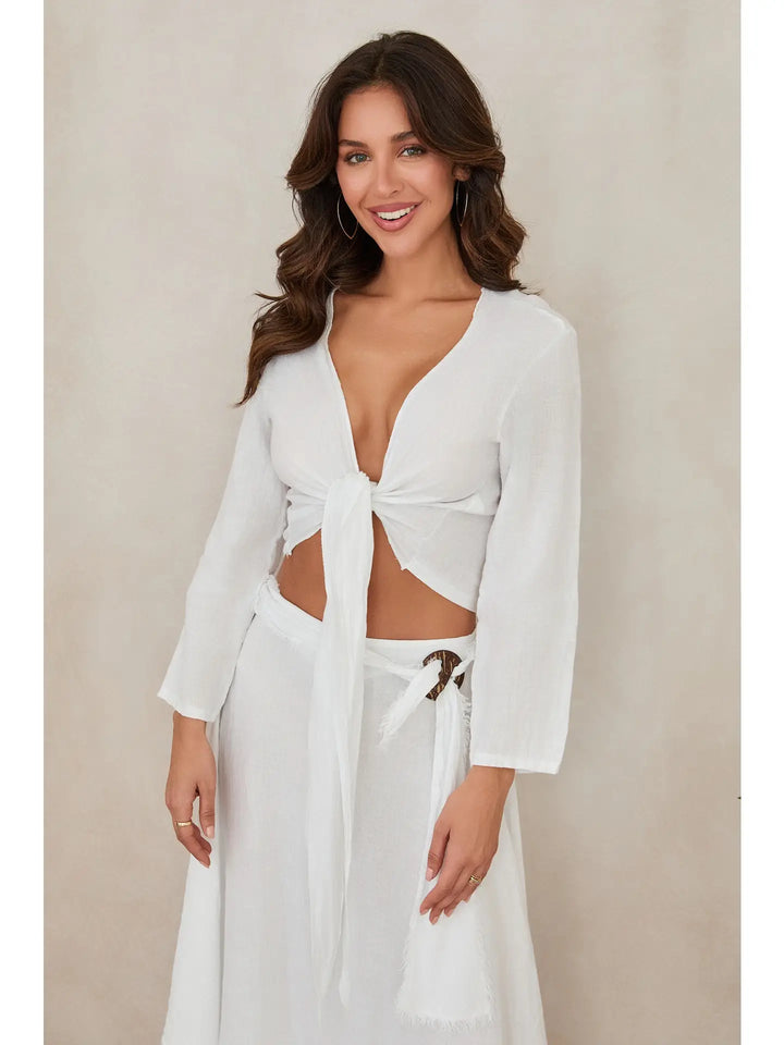 LINEN LONG SLEEVE TIE TOP
