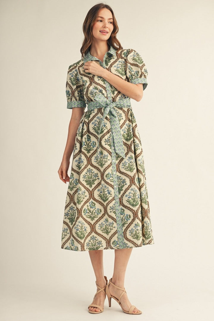 BUTTON DOWN WAIST TIE FLORAL MIDI DRESS