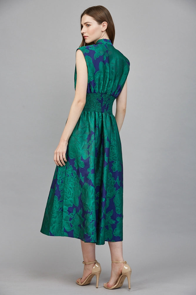 FLORAL JACQUARD FRONT ZIP CLOSURE V-NECK DRESS