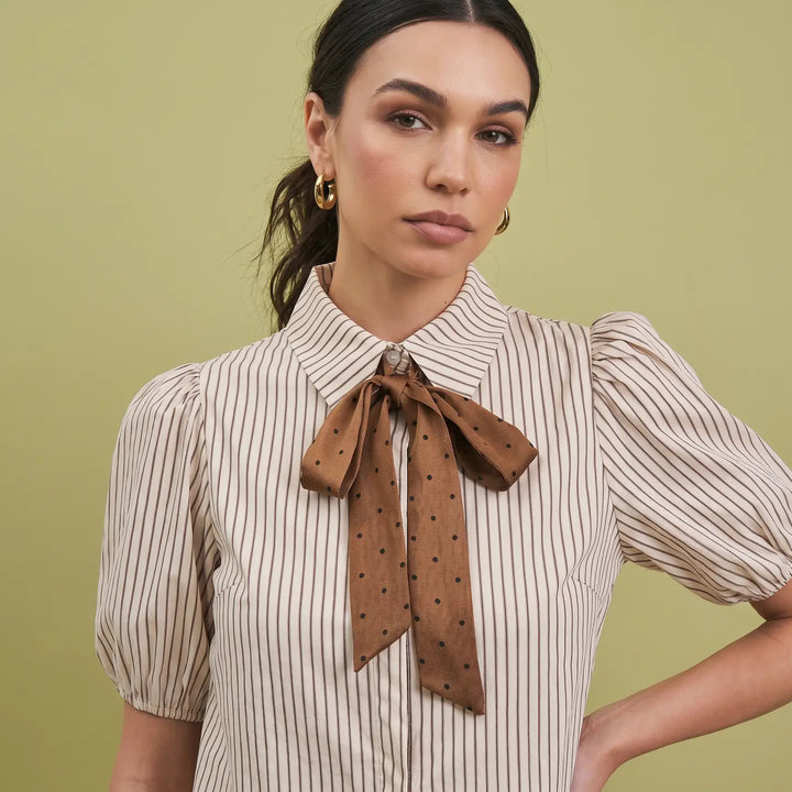 SATIN BOW DETAILED BUTTON DOWN SHIRT TOP