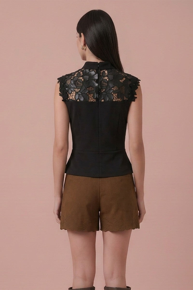 FAUX LEATHER LACE YOKE MOCK NECK TOP