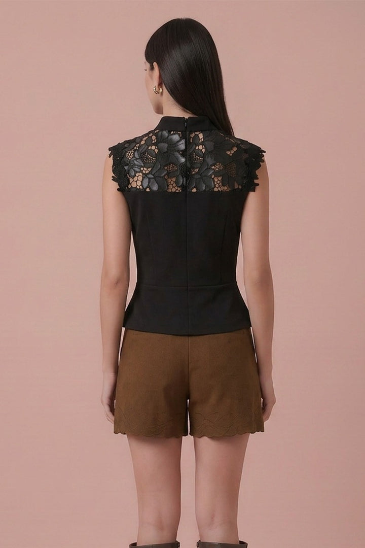FAUX LEATHER LACE YOKE MOCK NECK TOP