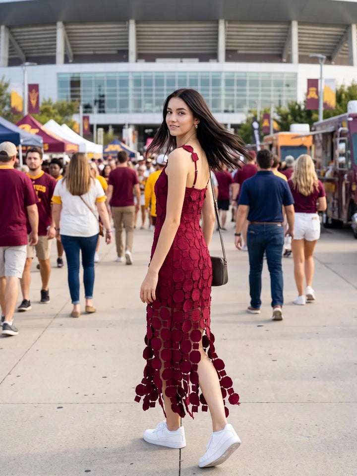 3D LACE FRINGE HEM BODYCON MIDI DRESS