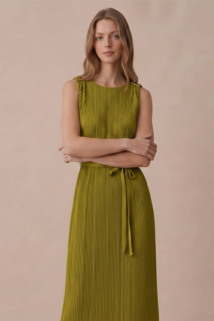 GOLD HARDWARE TRIM PLISSE MIDI DRESS