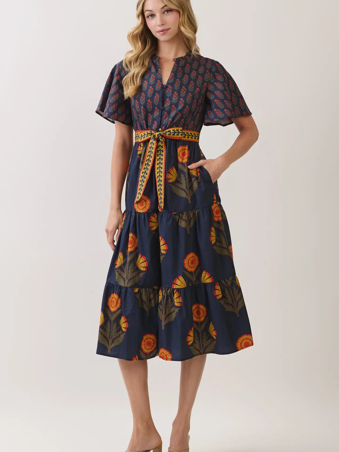 FLORAL PRINT TIERED MIDI DRESS WITH WAIST TIE
