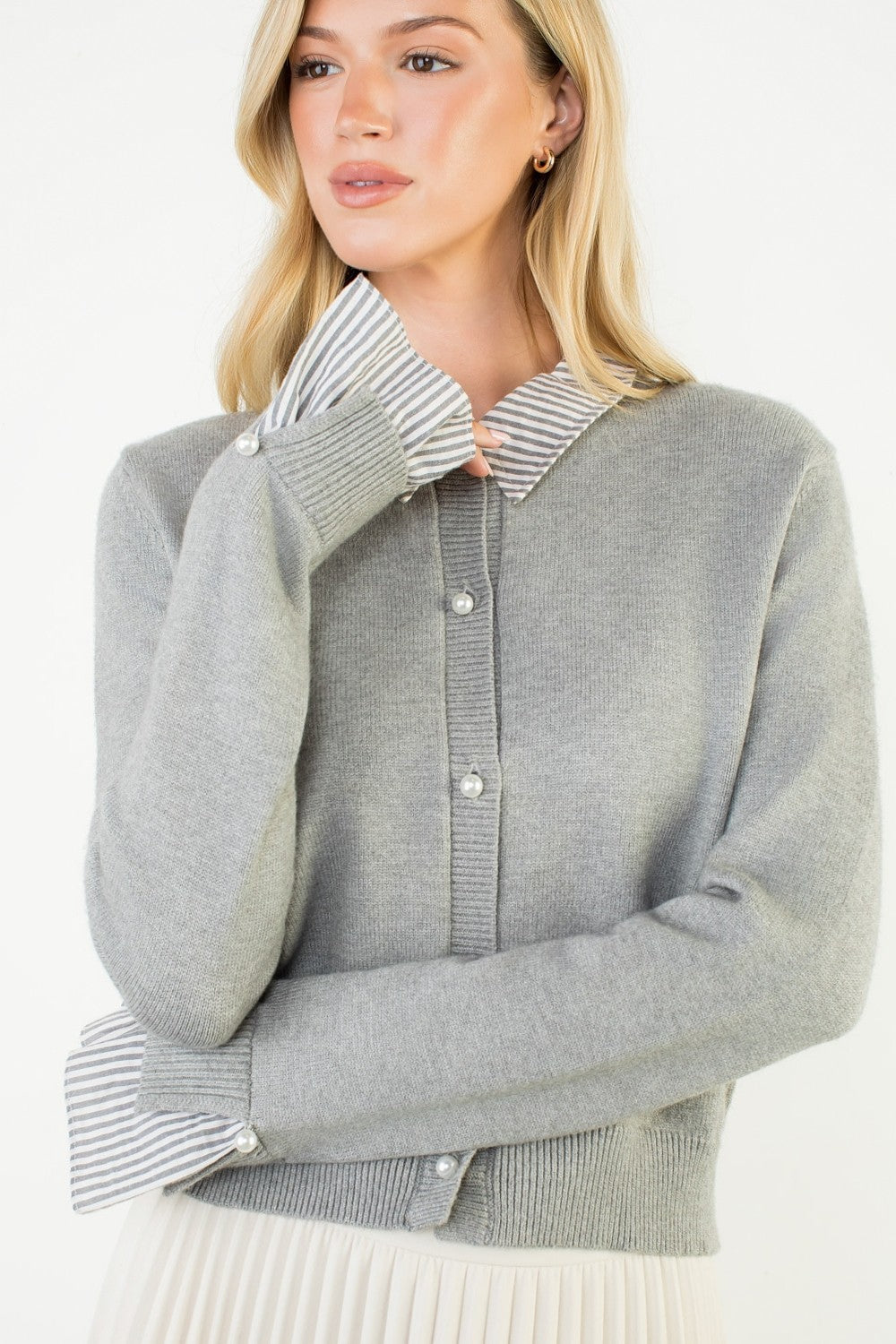 PEARL BUTTON MIXED MEDIA COLLARED KNIT TOP