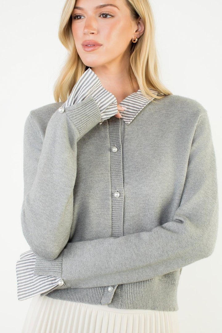 PEARL BUTTON MIXED MEDIA COLLARED KNIT TOP