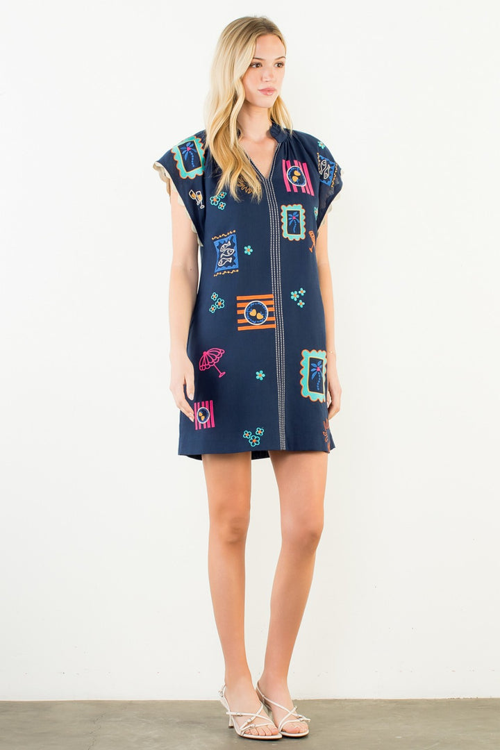SHORT SLEEVE EMBROIDERY DETAIL DRESS