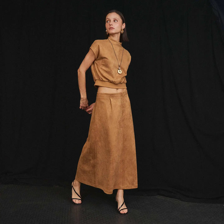 MOCK NECK STRETCH SUEDE TOP &amp; SKIRT SET