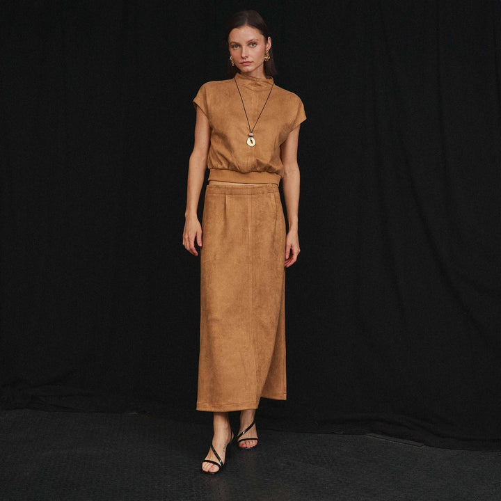 MOCK NECK STRETCH SUEDE TOP &amp; SKIRT SET