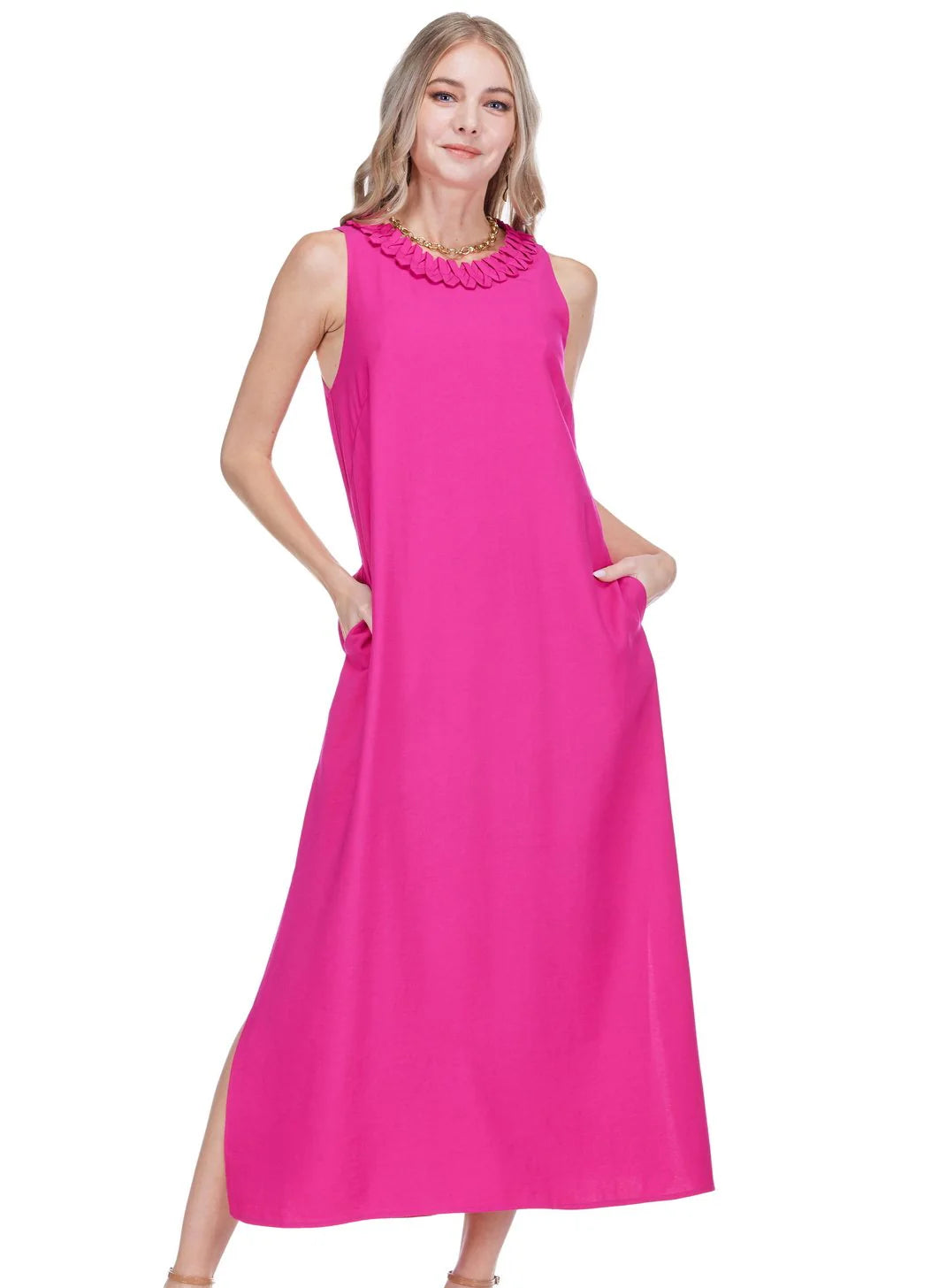 ZIG-ZAG TRIM NECK COLUMN DRESS
