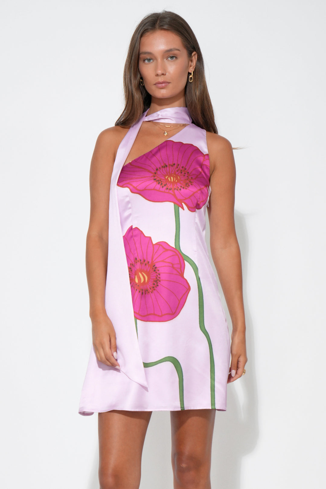 Kinsley Scarf Neck Printed Mini Dress Kinsley Scarf Neck Printed Mini Dress