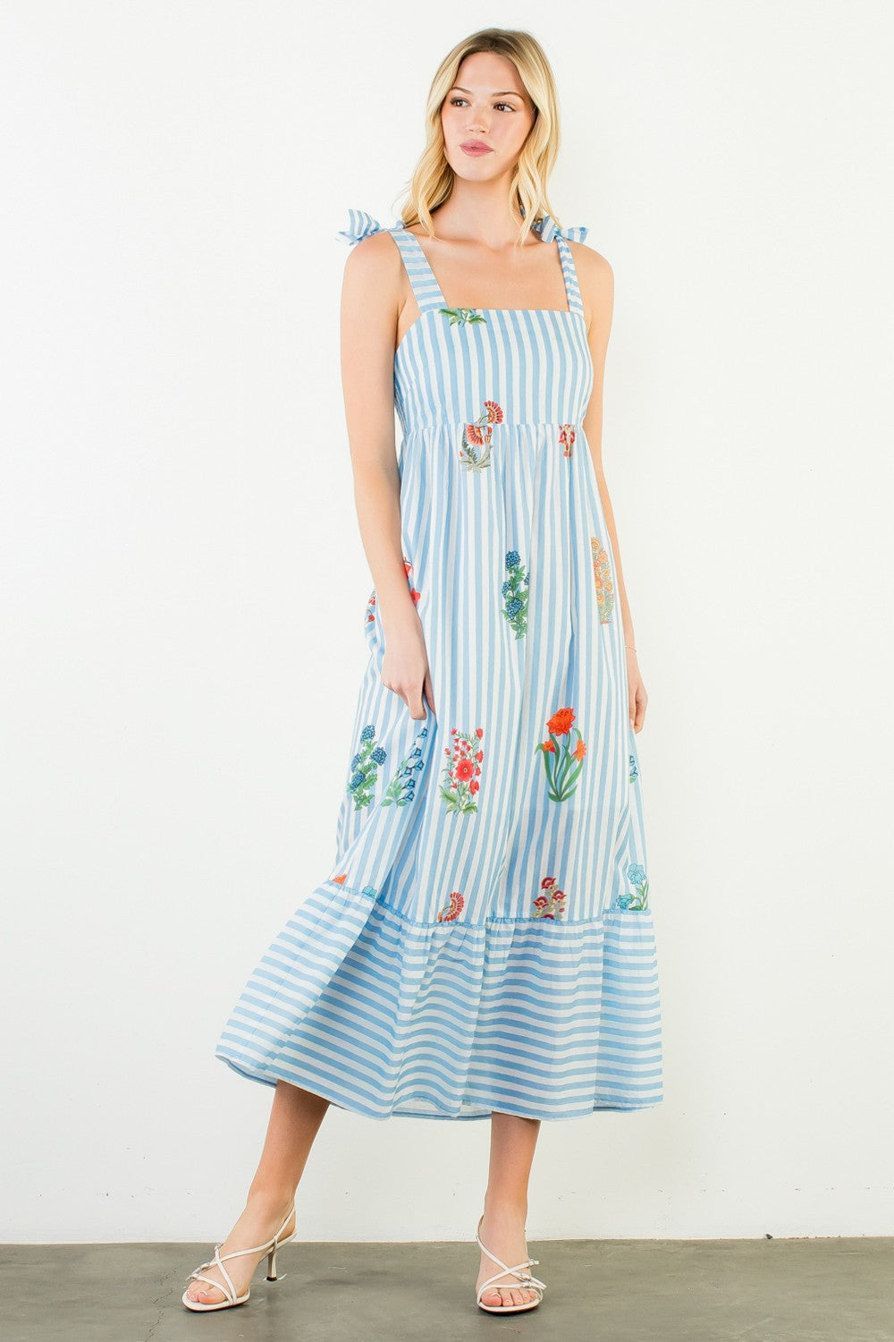 STRIPED FLORAL PATTERN MIDI DRESS BLUE / Large / TDM1079-1-BL STRIPED FLORAL PATTERN MIDI DRESS BLUE / Large / TDM1079-1-BL