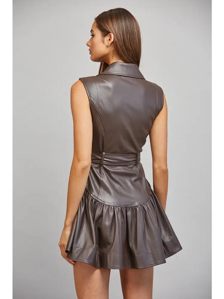 FAUX LEATHER BELTED DROP WAIST DRESS