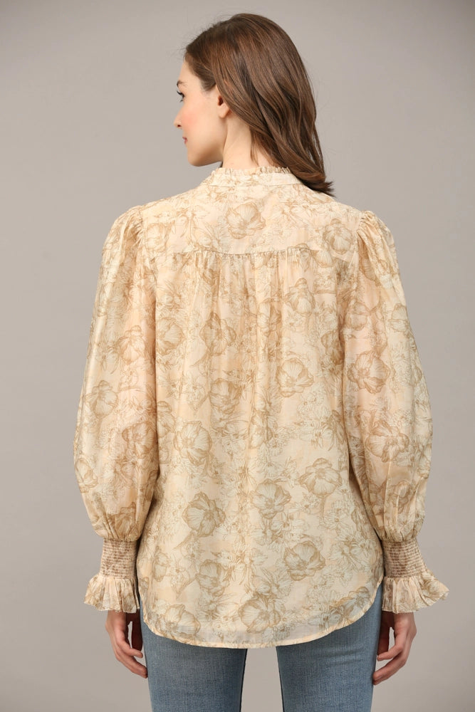 FLORAL PRINT RUFFLE NECK BLOUSE