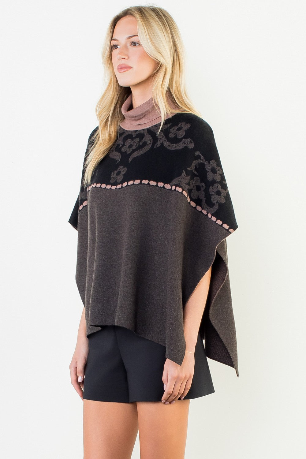 JACQUARD FLORAL KNIT PONCHO