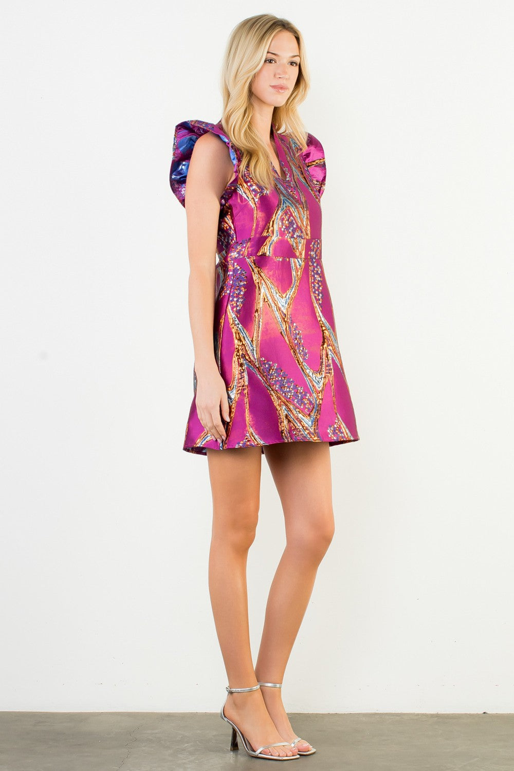 FLUTTER SLEEVE PATTERN V-NECK DRESS