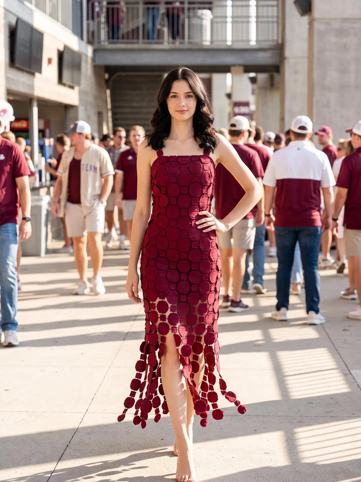 3D LACE FRINGE HEM BODYCON MIDI DRESS