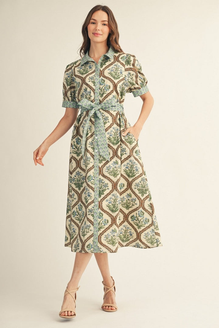 BUTTON DOWN WAIST TIE FLORAL MIDI DRESS