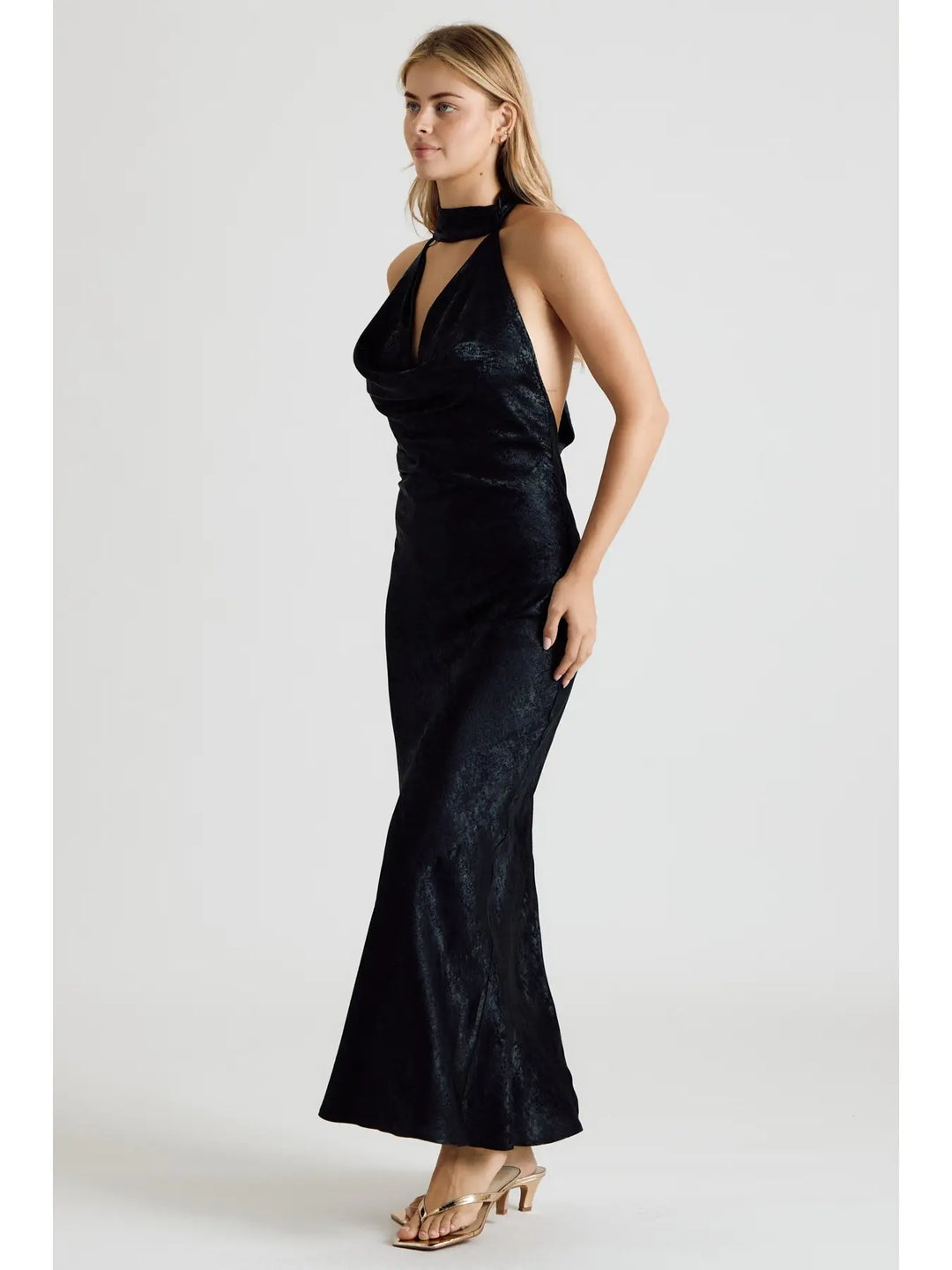 METALLIC HALTER COWL NECK OPEN BACK MAXI DRESS
