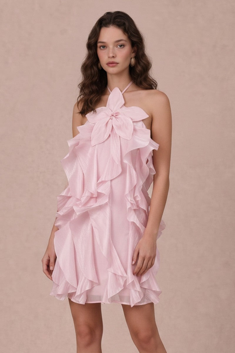 RUFFLE DETAIL FLORAL APPLIQUE MINI DRESS