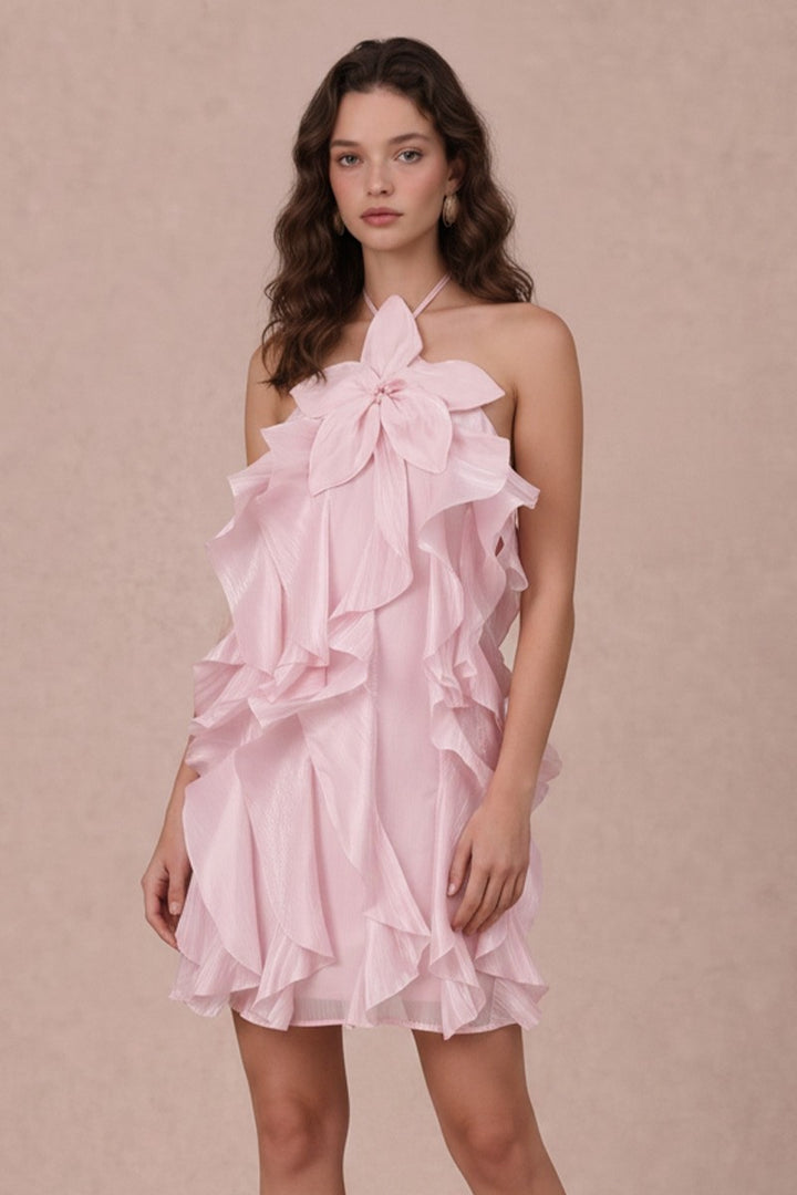 RUFFLE DETAIL FLORAL APPLIQUE MINI DRESS