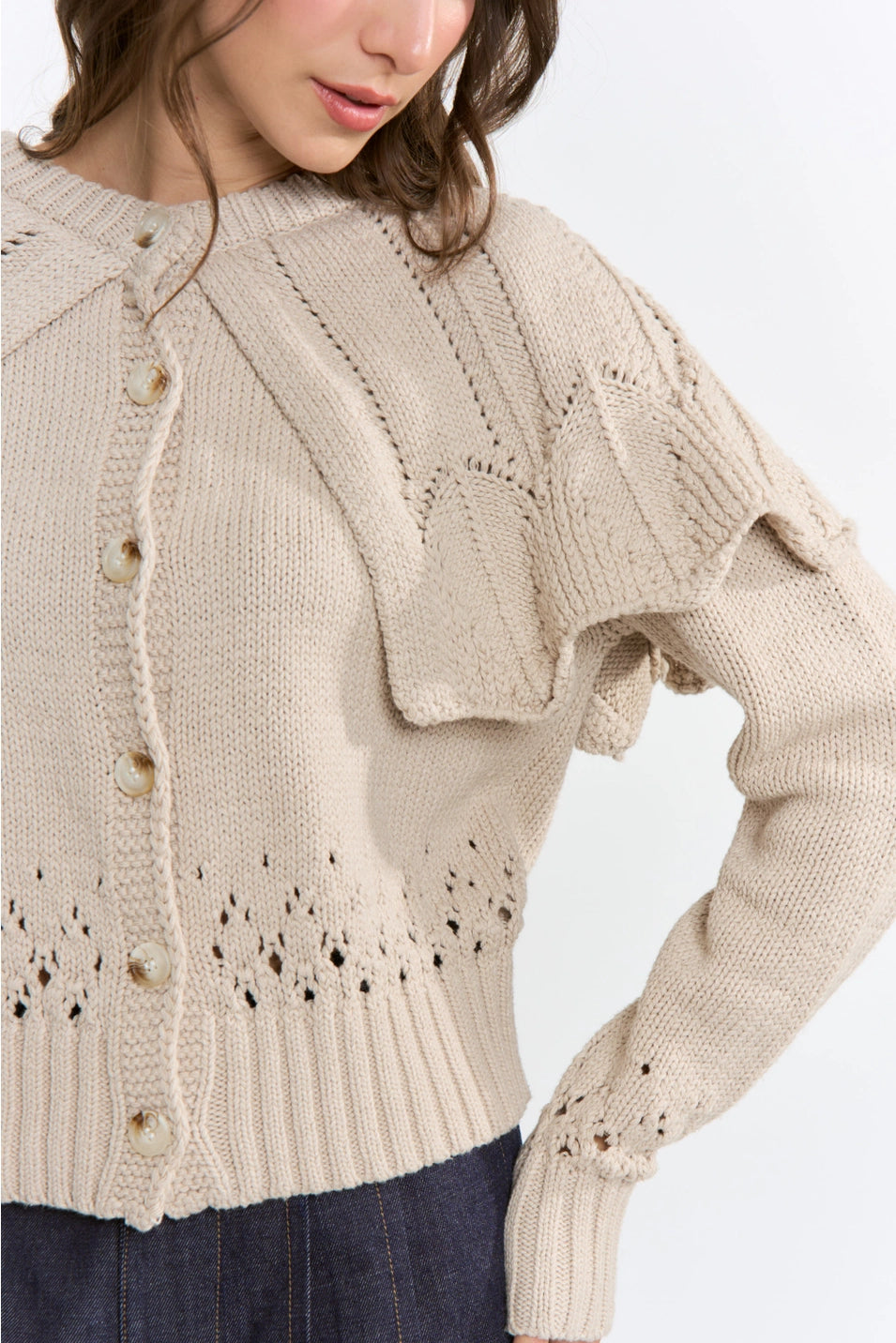 BUTTON-UP KNIT RUFFLED CAPELET CARDIGAN