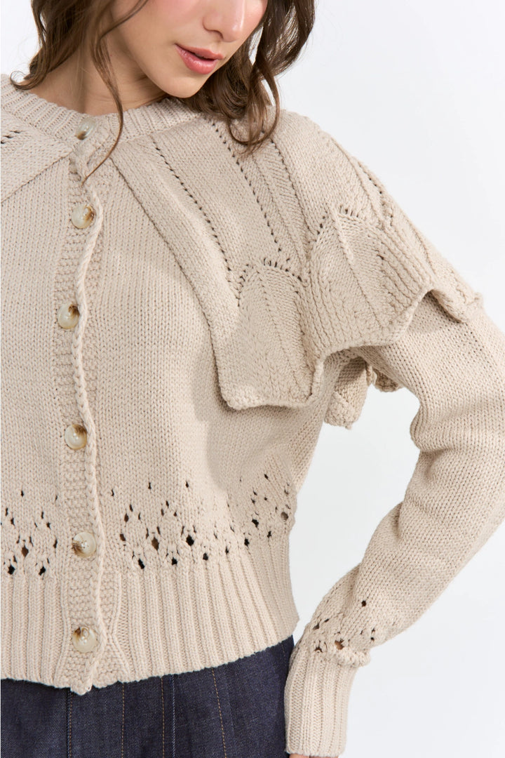 BUTTON-UP KNIT RUFFLED CAPELET CARDIGAN