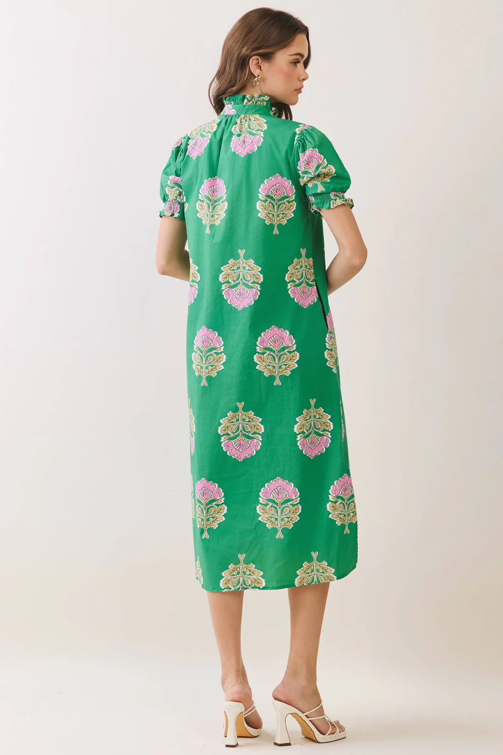 FLORAL PRINT RUFFLE COLLAR MIDI DRESS
