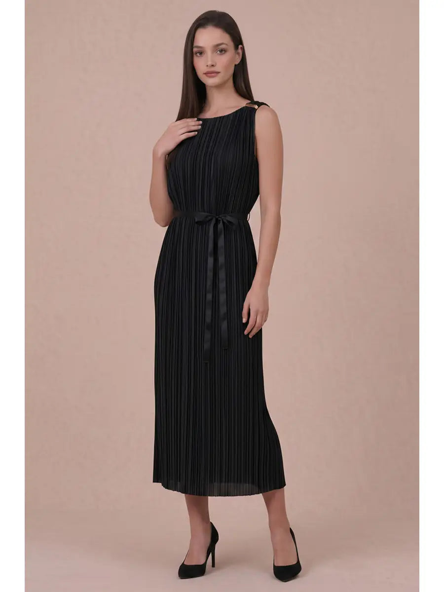 GOLD HARDWARE TRIM PLISSE MIDI DRESS