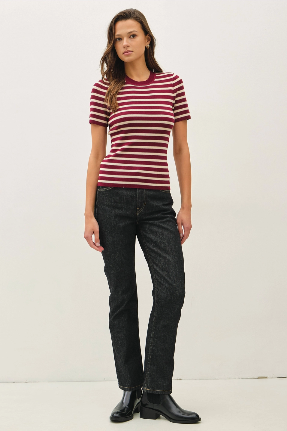 CLASSIC STRIPED CREWNECK SHORT SLEEVE SWEATER