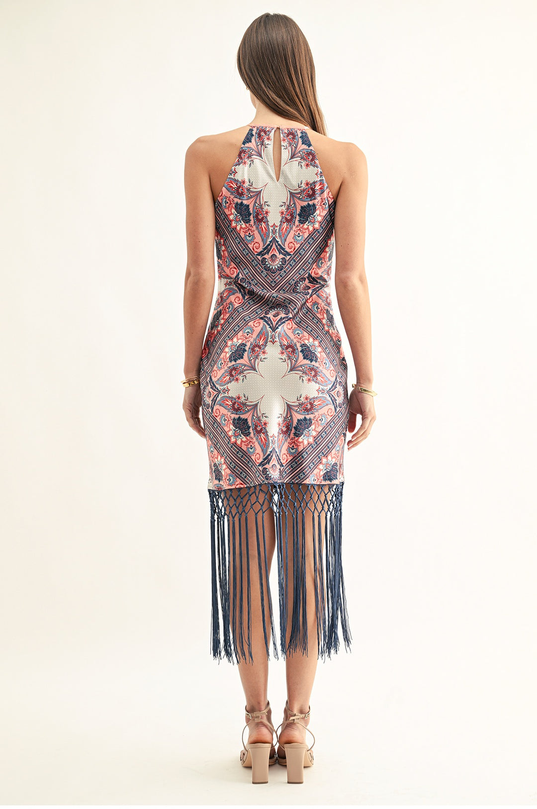 MORGAN BIAS MIDI DRESS WITH FRINGE HEM