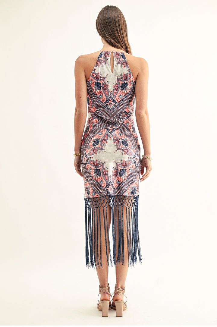MORGAN BIAS MIDI DRESS WITH FRINGE HEM