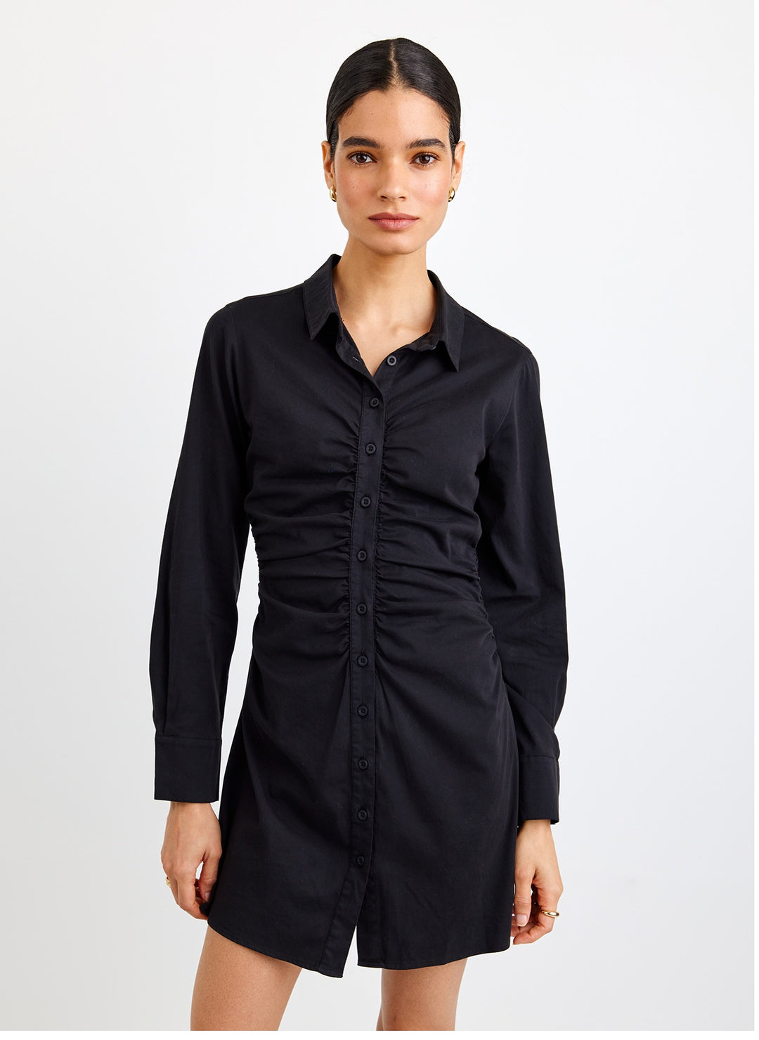 LONG SLEEVE SHIRRED SHIRT DRESS