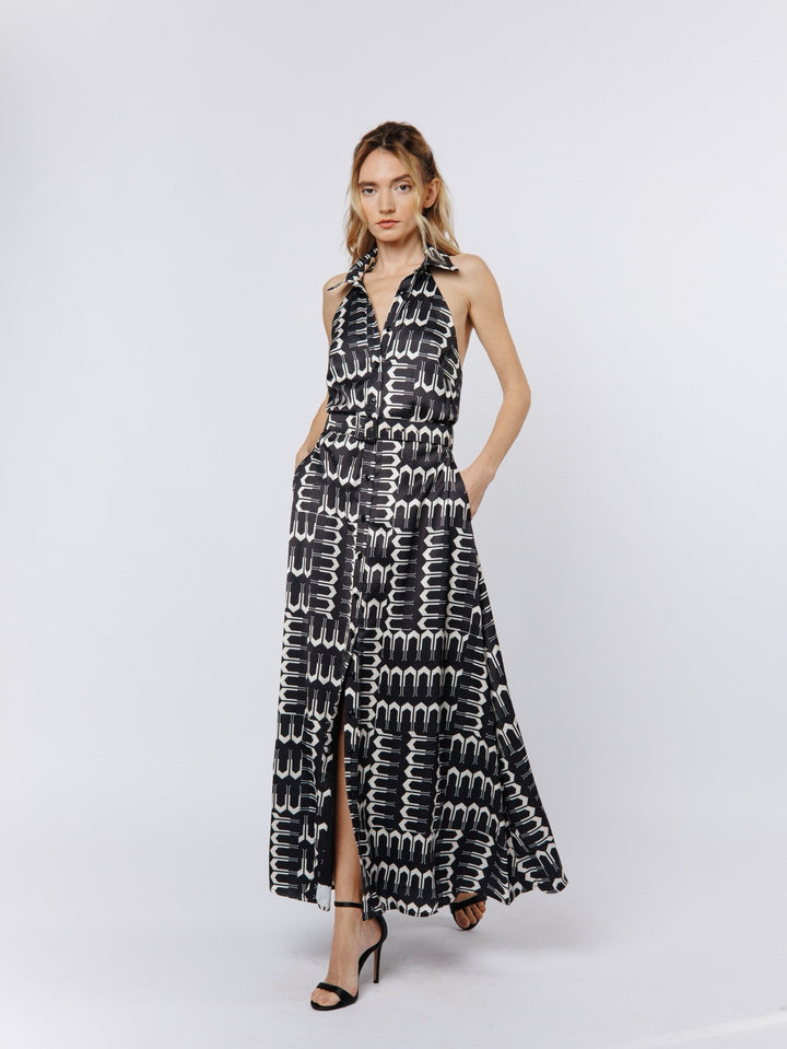 KAISA ABSTRACT GEO HALTER MAXI DRESS