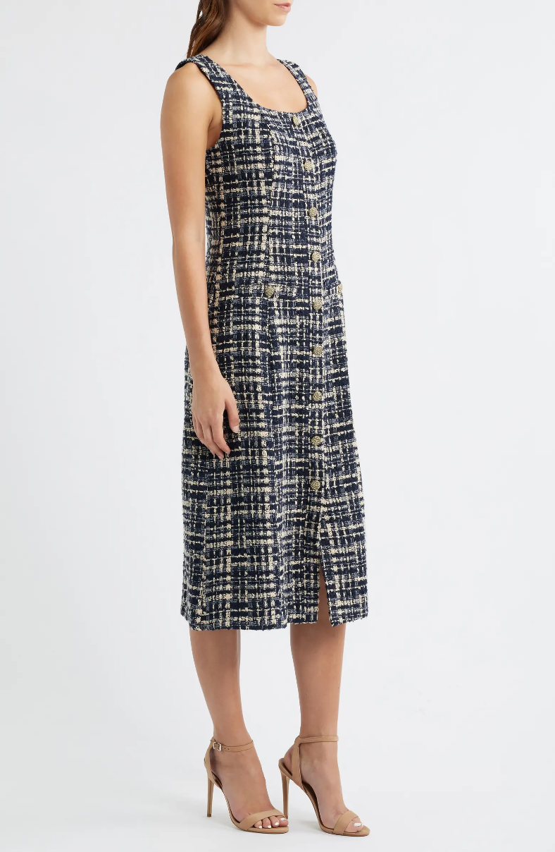 SLEEVELESS SQUARE NECK LINE TWEED MIDI DRESS