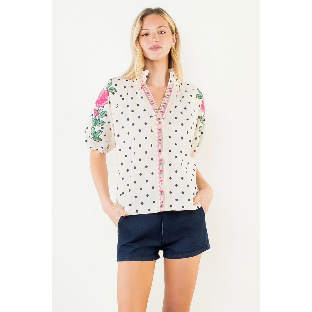 EMRBROIDERED PUFF SLEEVE POLKA DOT TOP
