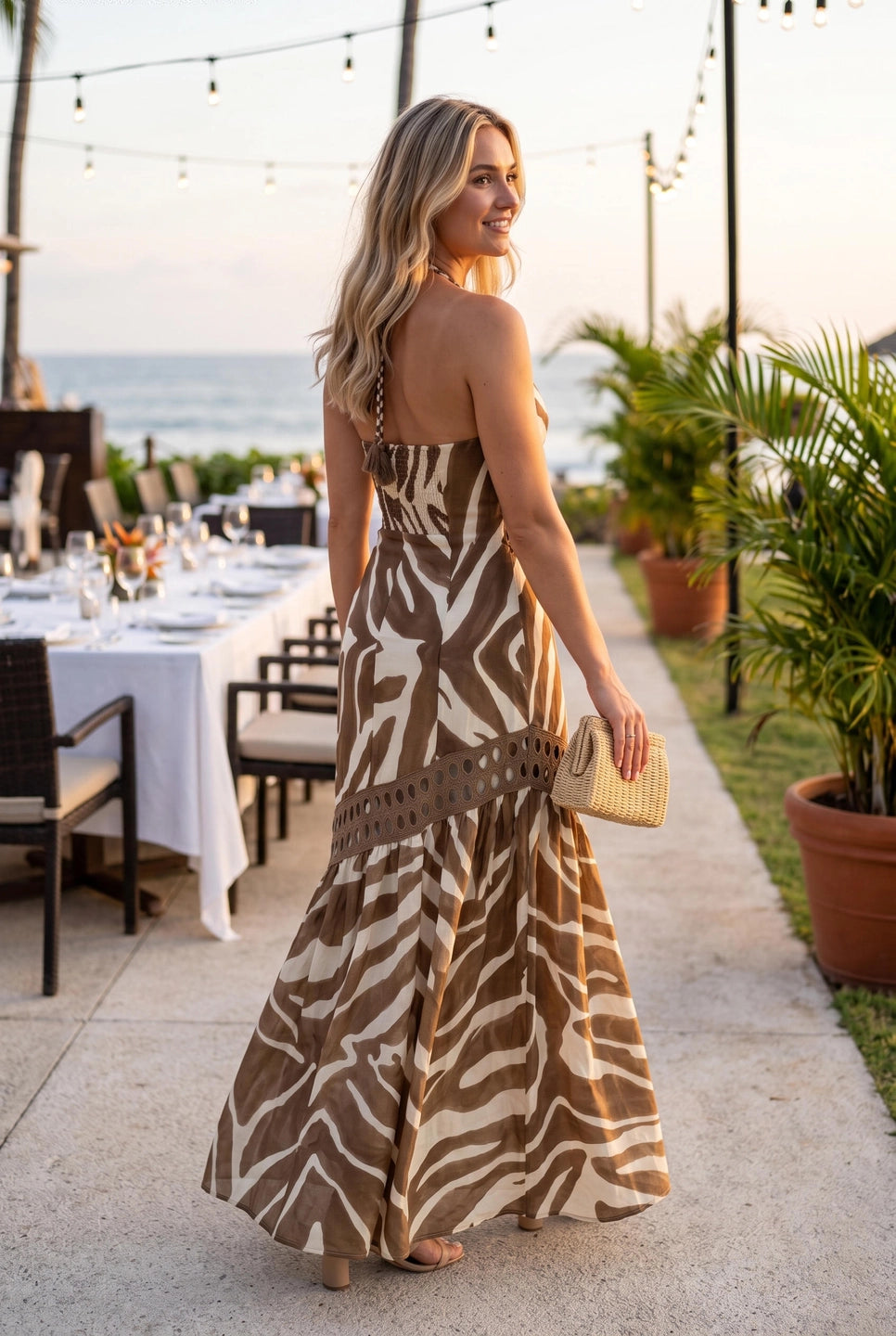 HALTER EYELET TRIM DROP WAIST MAXI DRESS