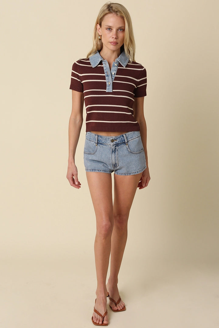 SHORT SLEEVE SWEATER WITH DENIM CONTRAST
