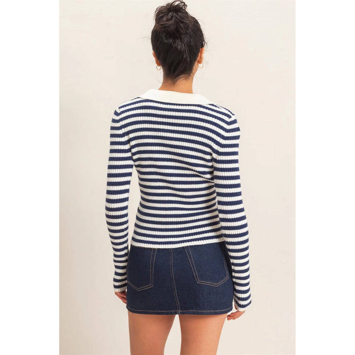 RIBBED STRIPED POLO KNIT TOP