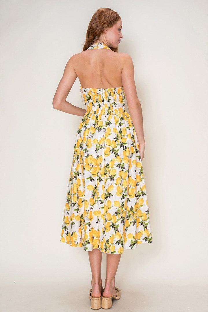 LEMON PRINT HALTER MIDI DRESS