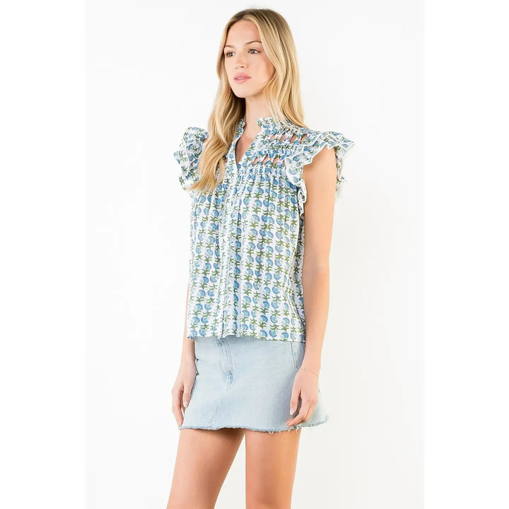 FLUTTER SLEEVE FLORAL PATTERN V-NECK TOP