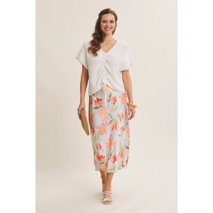 FLATTERING MOVEMENT FLORAL SATIN BIAS MIDI SKIRT