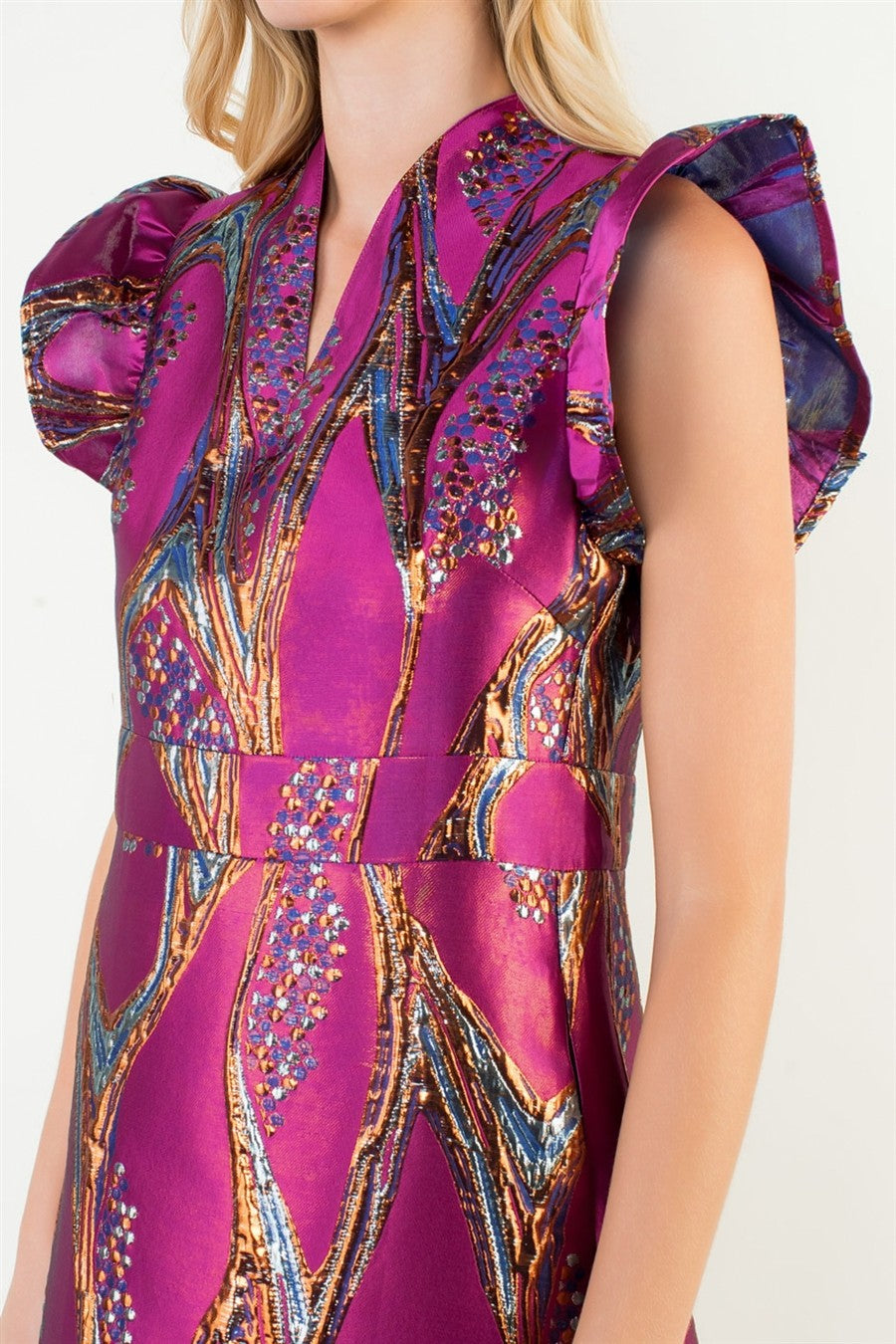 FLUTTER SLEEVE PATTERN V-NECK DRESS