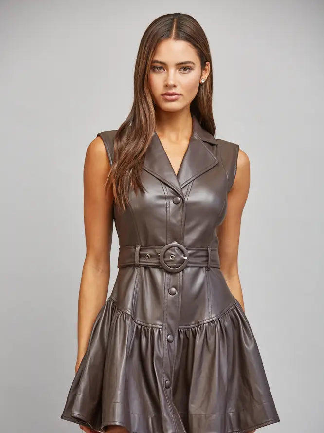 FAUX LEATHER BELTED DROP WAIST DRESS