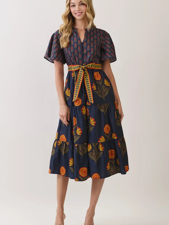 FLORAL PRINT TIERED MIDI DRESS WITH WAIST TIE