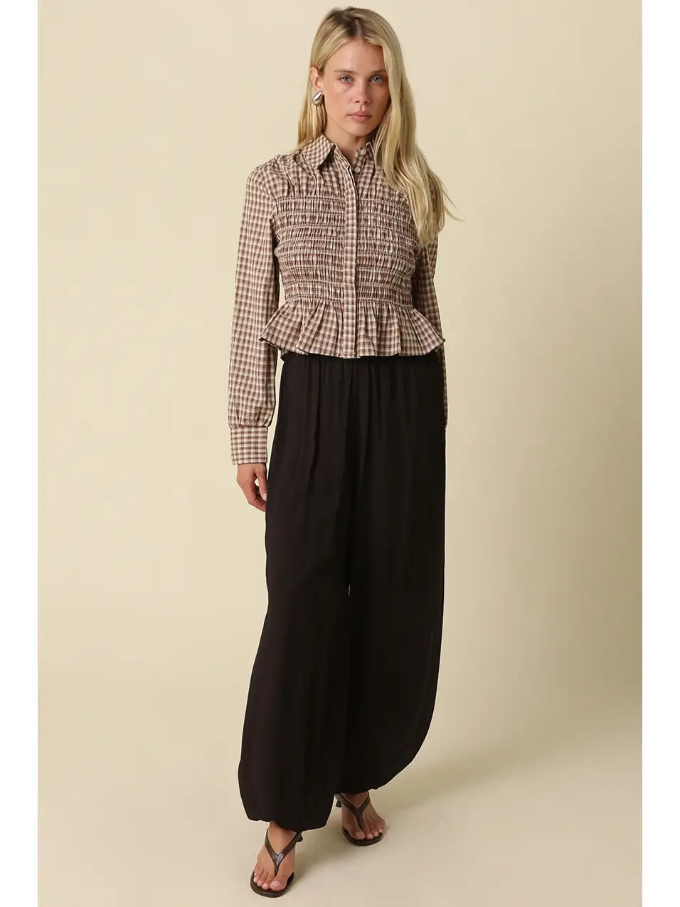 PIPER SMOCKED GINGHAM PEPLUM BLOUSE