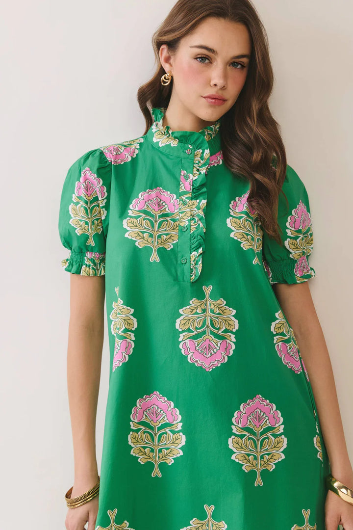 FLORAL PRINT RUFFLE COLLAR MIDI DRESS