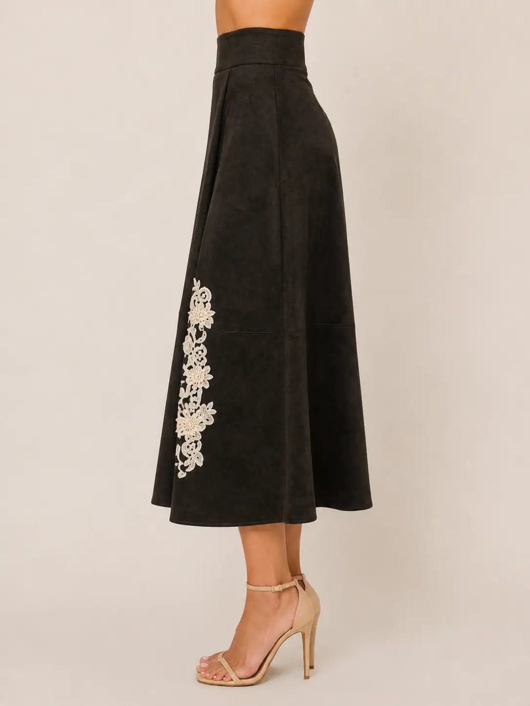 ASYMMETRIC CROCHET TRIM A-LINE SUEDE SKIRT